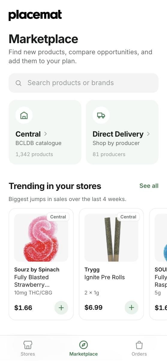 Placemat Marketplace tab: catalogues and trending products